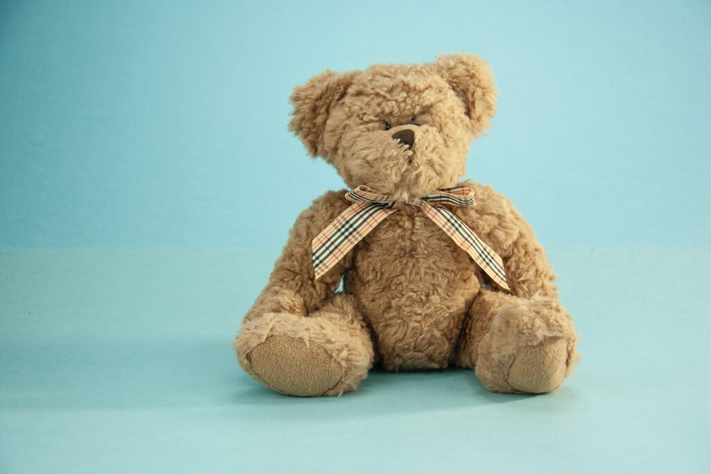Teddy bear sitting, symbolizing the concept of a 'safe base' in attachment theory and active constructive responding.